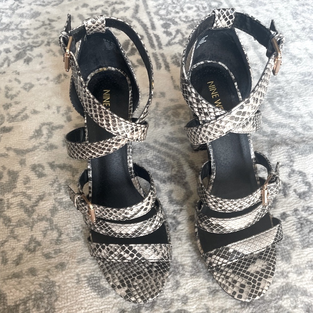 Nine West Snake Print Strappy Sandals in Black and White